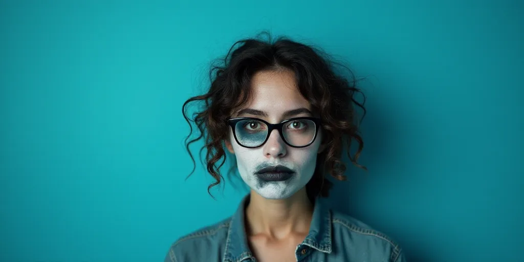 a woman with glasses standing in front of a blue background with a black and white photo of her face