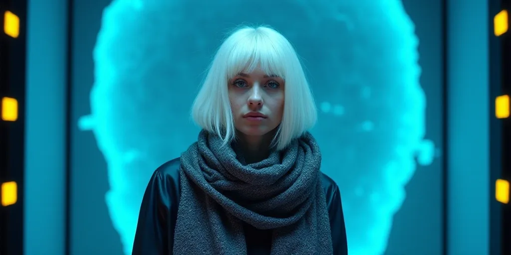 a woman with white hair and a scarf around her neck is standing in front of a blue background with a