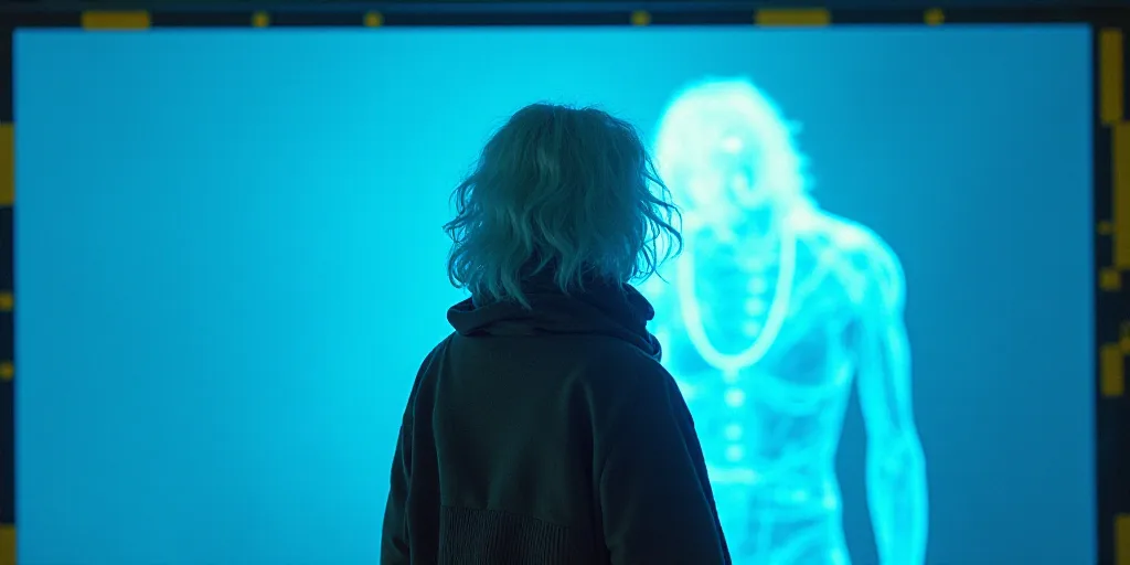 a woman with white hair and a scarf around her neck is standing in front of a blue background with a