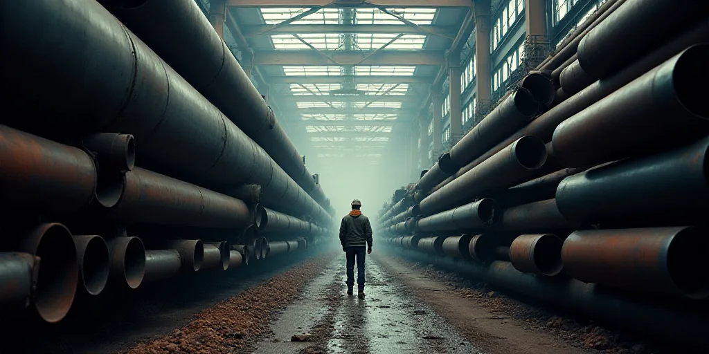 a worker stands among a large amount of steel pipes and tubes in a factory in china's heilong county