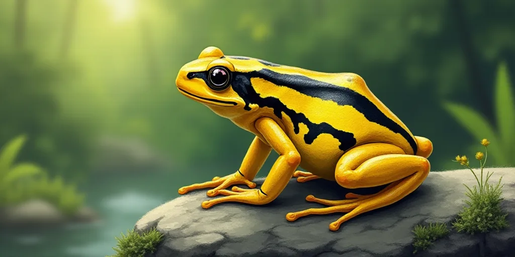 a yellow and black frog sitting on a rock with moss on it's side and a black and yellow stripe on it