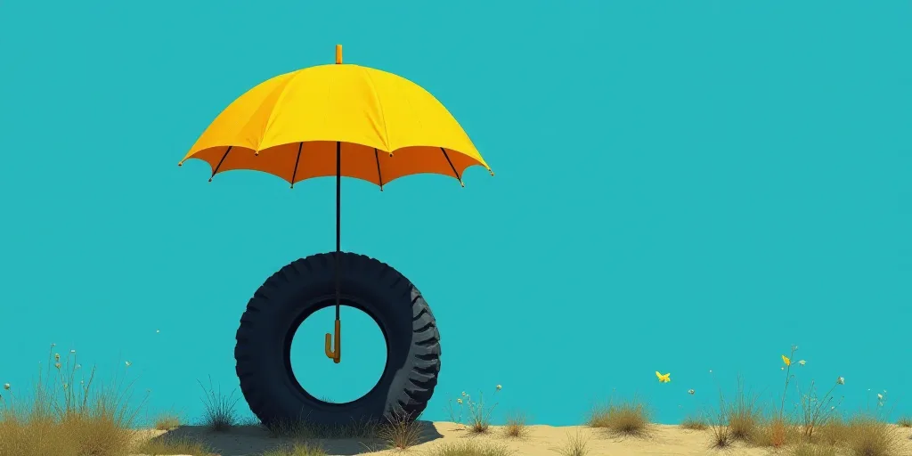a yellow umbrella is over a black tire and a blue background with a yellow umbrella and a yellow umb