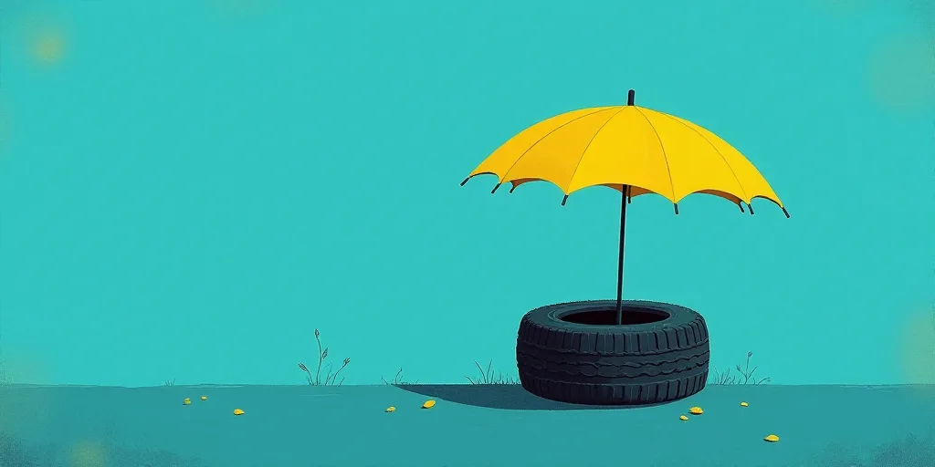 a yellow umbrella is over a black tire and a blue background with a yellow umbrella and a yellow umb
