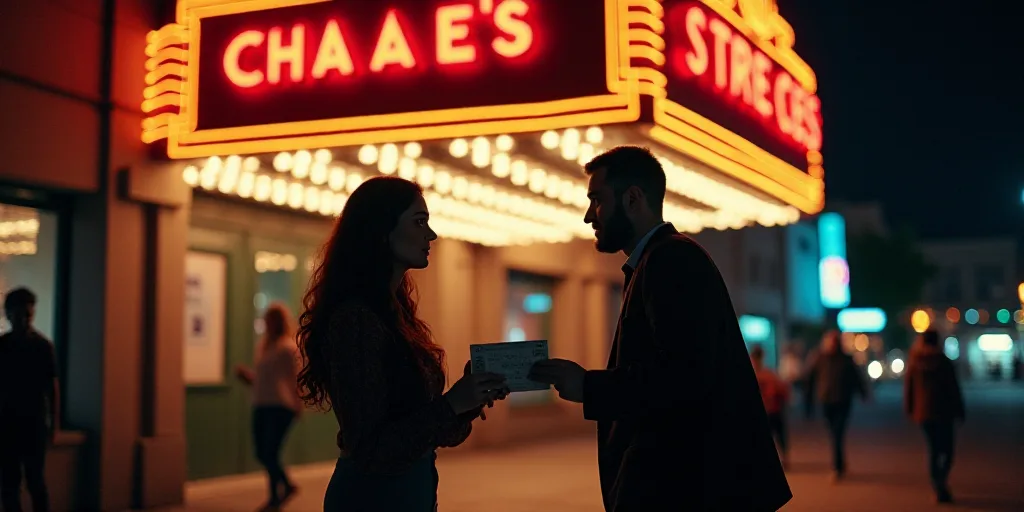 people are standing in front of a sign for a movie theater and a man is handing a ticket to a woman,