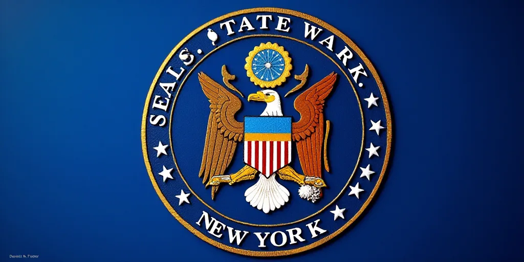 the seal of the state of new york on a blue background with stars and stripes on it's side, Dennis H