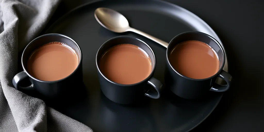 three cups of hot chocolate on a black table with a black and white cloth and a spoon in the middle,
