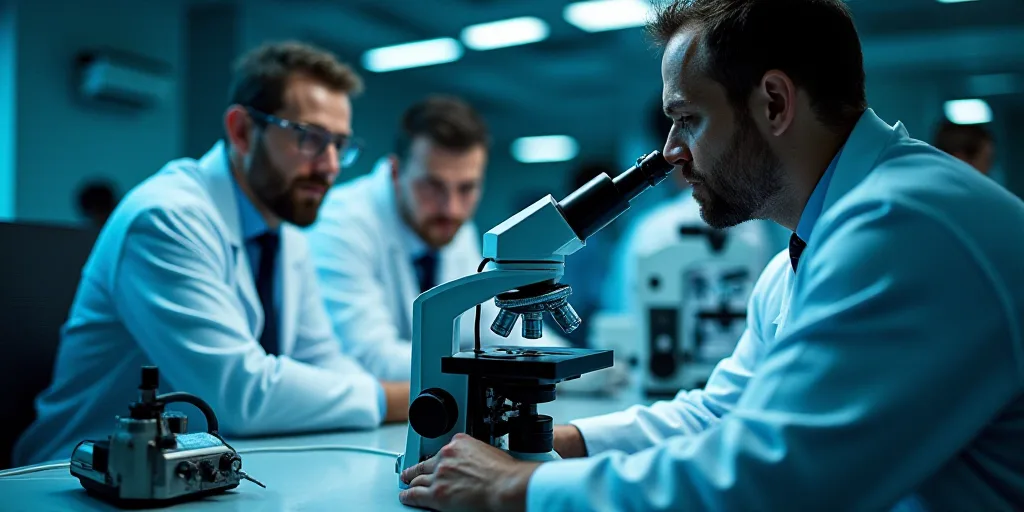 three men in lab coats looking at a microscope screen with a microscope in front of them and a micro