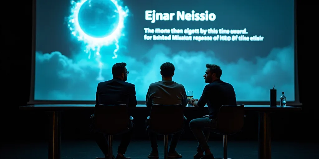 three men sitting at a table in front of a large screen with a presentation on it's side, Ejnar Niel
