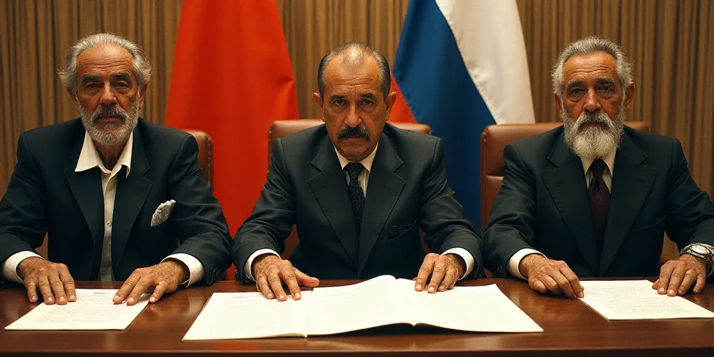 three men sitting at a table with papers in front of them and flags behind them in the background,,
