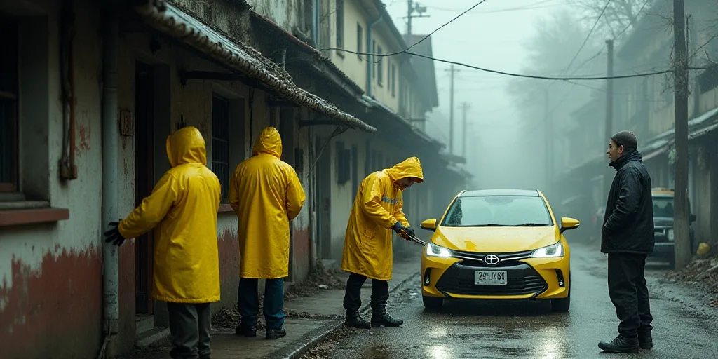 three people in yellow raincoats are working on a building with a car in the background and a person