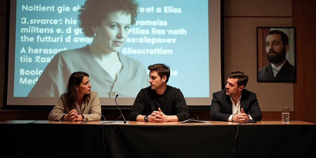 three people sitting at a table in front of a screen with information on it and a microphone in fron