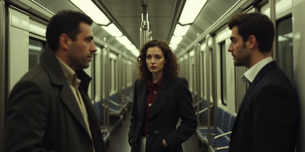 three people standing in a subway car with a woman in the middle of the train and a man in the middl