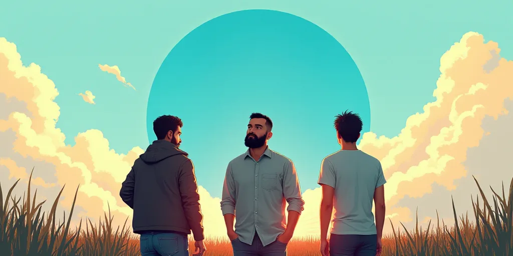 three people standing in front of a house with a sky background and a blue circle with a house and a