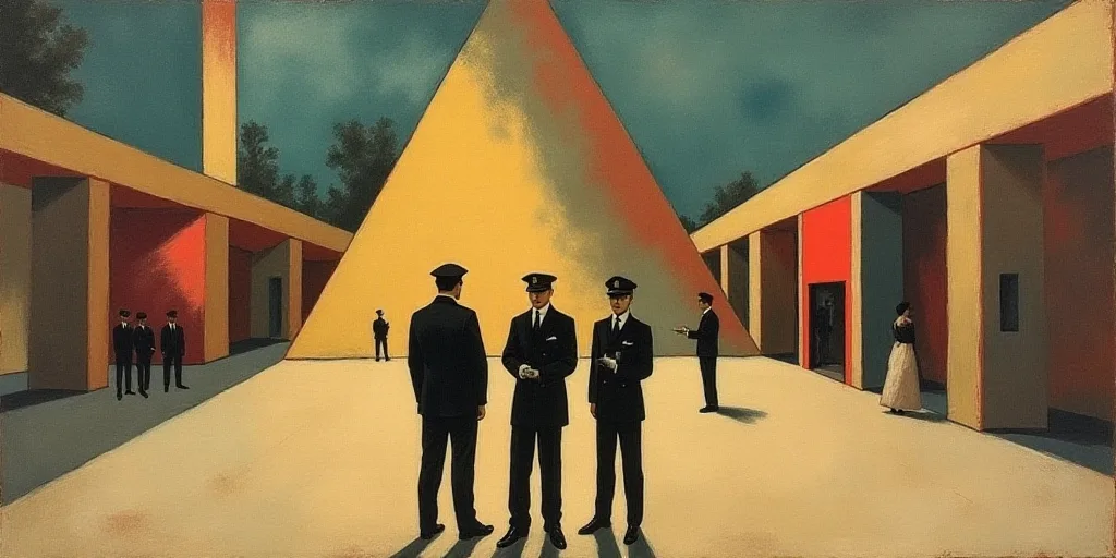 three policemen standing in front of a pyramid in a courtyard of a building with a pyramid in the ba