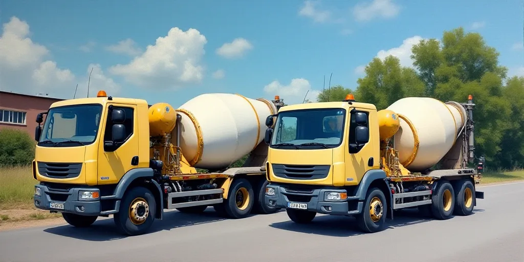 two cement trucks parked next to each other on a road near a building and trees in the background wi