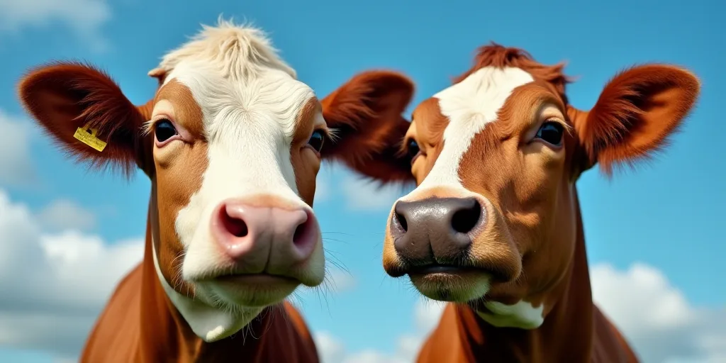 two cows standing next to each other with their noses close together and looking at the camera with