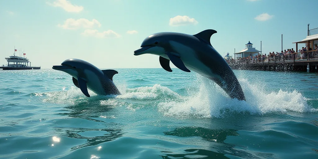 two dolphins jumping out of the water with people watching them from the water's edge, with a dock i