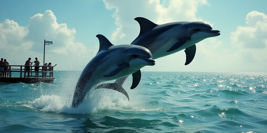two dolphins jumping out of the water with people watching them from the water's edge, with a dock i