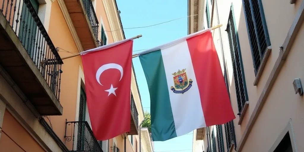 two flags are hanging from a building with a clock on it's side and a flag on the other side, Aquira