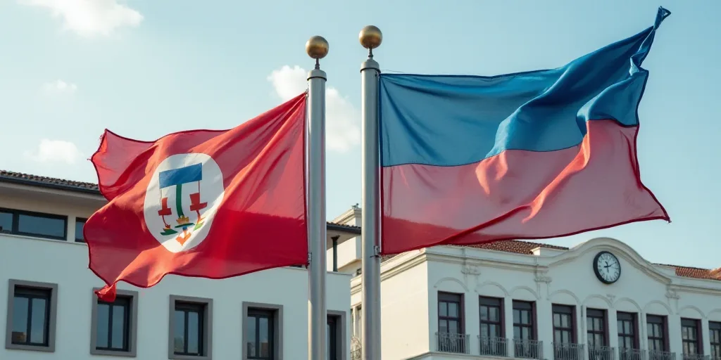 two flags flying next to each other in front of a building with a clock on it's side, Aquirax Uno, b