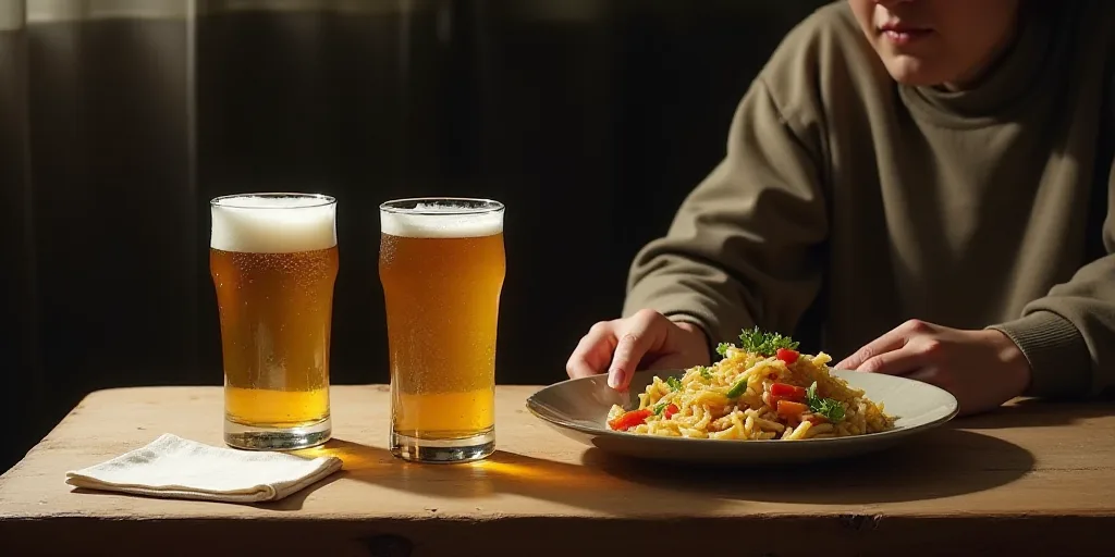 two glasses of beer sitting on a table with a napkin and napkin on it, and a person sitting at a tab