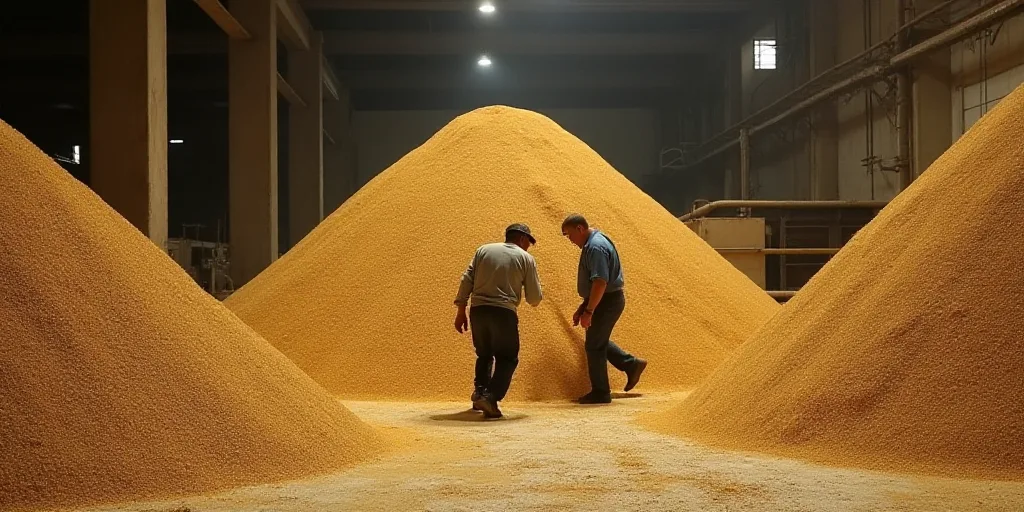 two men are working on a large pile of grain in a warehouse area with a man in the background, Cefer