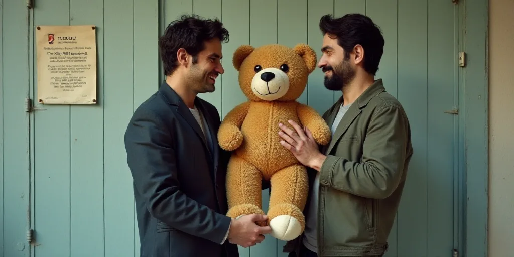 two men holding a teddy bear in front of a wall with a sign on it that says tsubu, Félix Arauz, ex