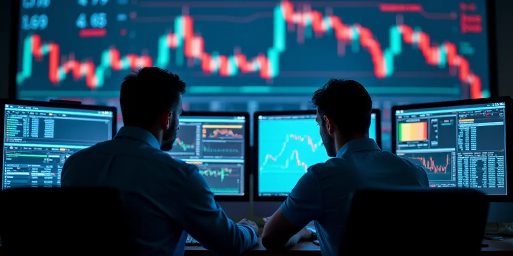 two men in a trading room looking at a computer screen with a stock market on it's wall, Andries Sto