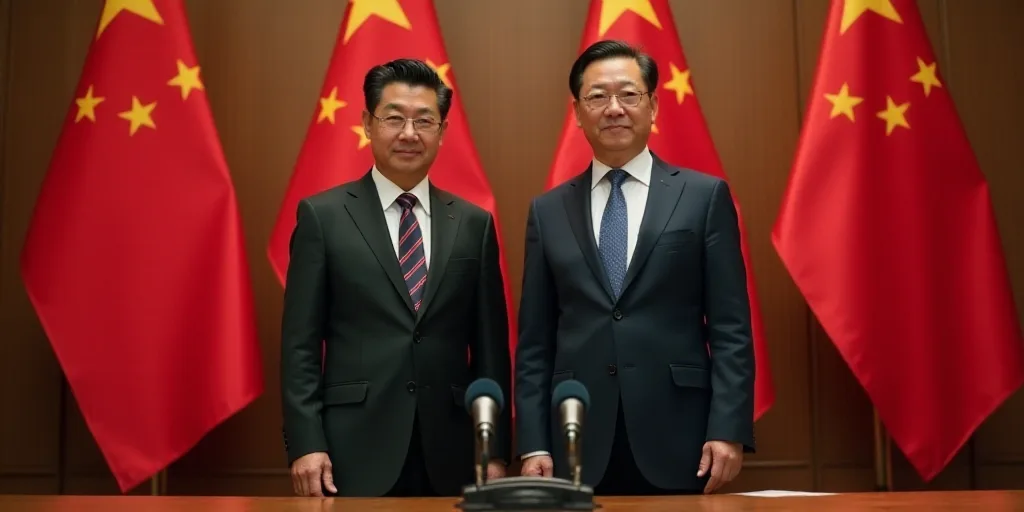 two men in suits and ties standing next to flags and a table with a phone on it and a microphone, Di