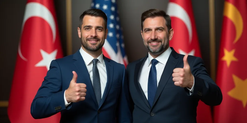 two men in suits standing in front of flags giving thumbs up signs with one man in a suit and tie, D