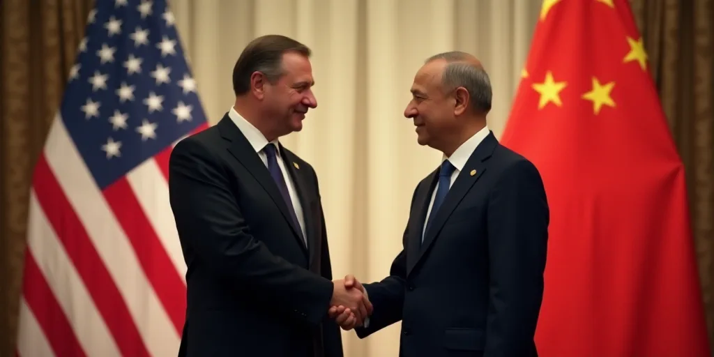 two men shaking hands in front of flags of usa and china in a meeting room at the white house, Boris