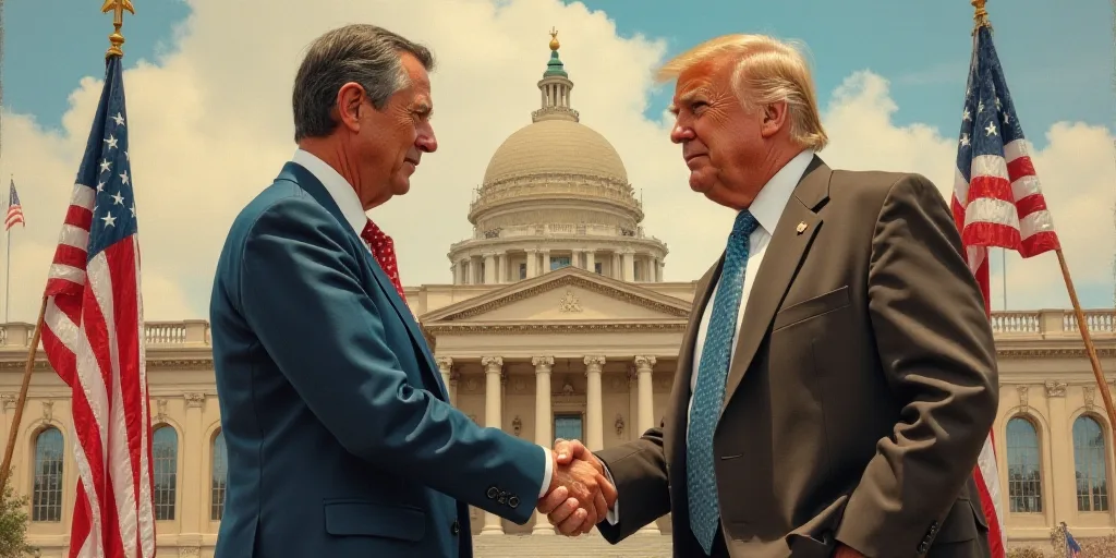 two men shaking hands in front of a sign with a building in the background and flags in front of the