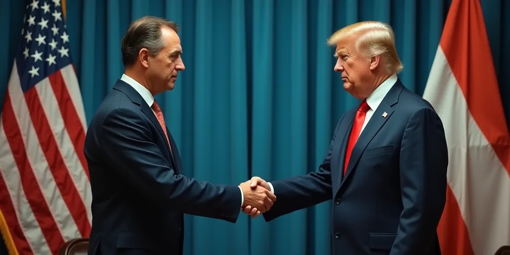 two men shaking hands in front of flags and a curtained background with a blue curtain behind them a