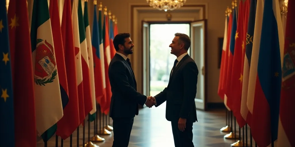 two men shaking hands in front of flags and a doorway with a doorway leading to a doorway with a doo