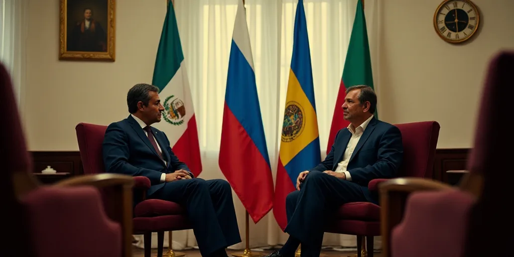 two men sitting in chairs in front of flags in a room with a clock on the wall and a wall hanging on
