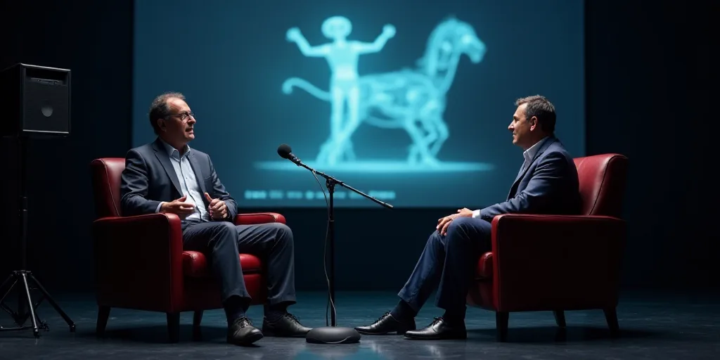 two men sitting in chairs talking on stage with a microphone in front of them and a speaker on the s