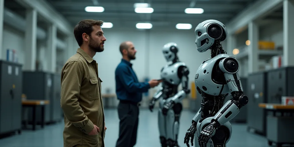 two men standing in a factory talking to each other while one man works on a machine in the backgrou