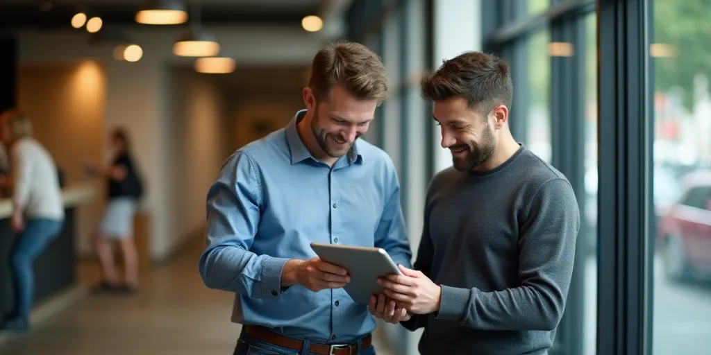 two men standing next to each other holding a tablet computer in their hands and looking at it with