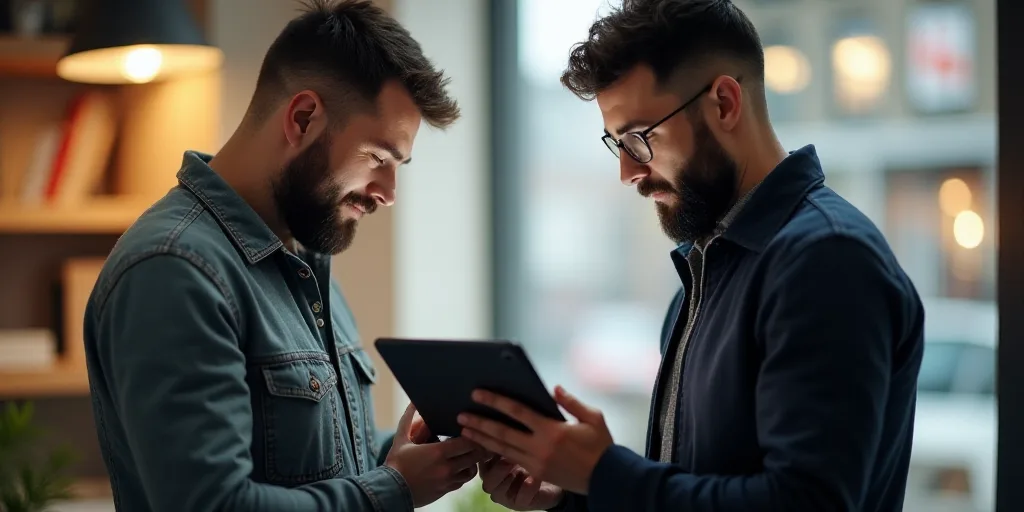 two men standing next to each other holding a tablet computer in their hands and looking at it with