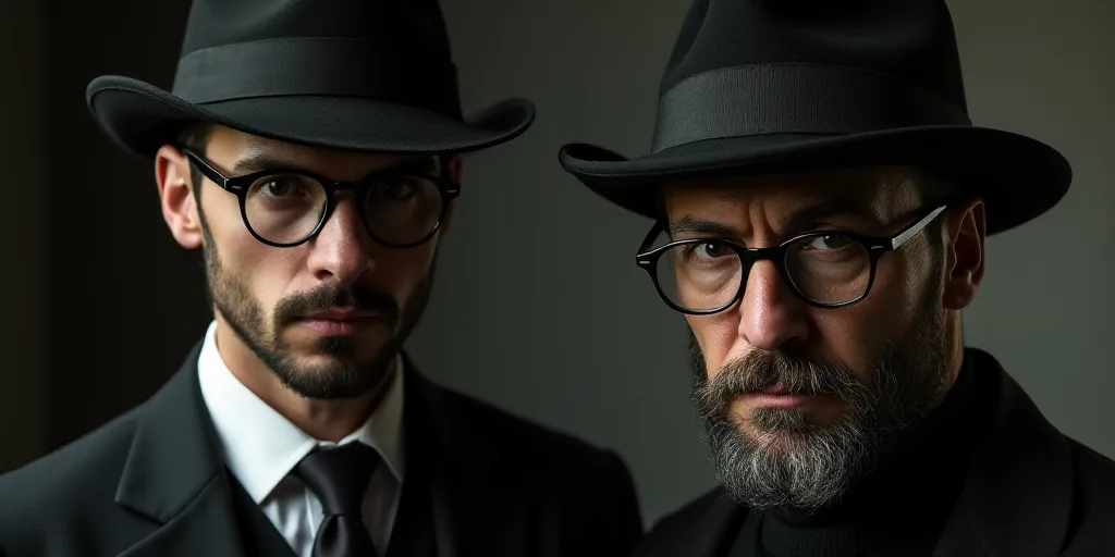 two men wearing hats and glasses one is looking at the camera and the other is looking at the camera