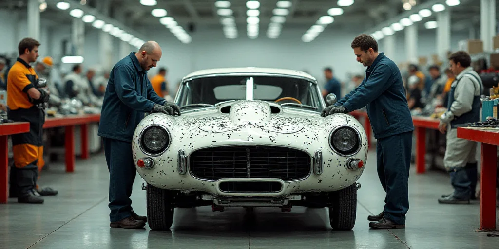 two men working on a car in a factory with other workers in the background looking at the car in the