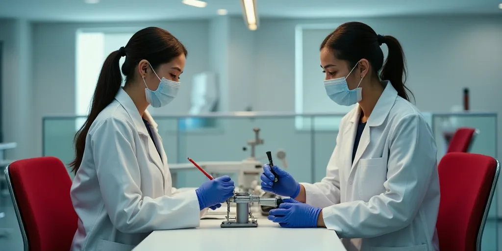 two people in white lab coats and masks operating a device in a room with red chairs and a red chair