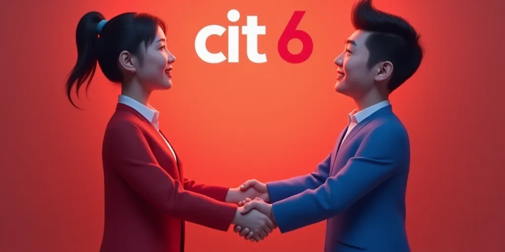 two people shaking hands over a red background with a cit 6 logo above it and a blue background with