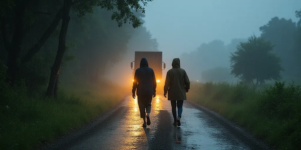 two people walking down a dirt road in the rain with a truck on the side of the road in the backgrou