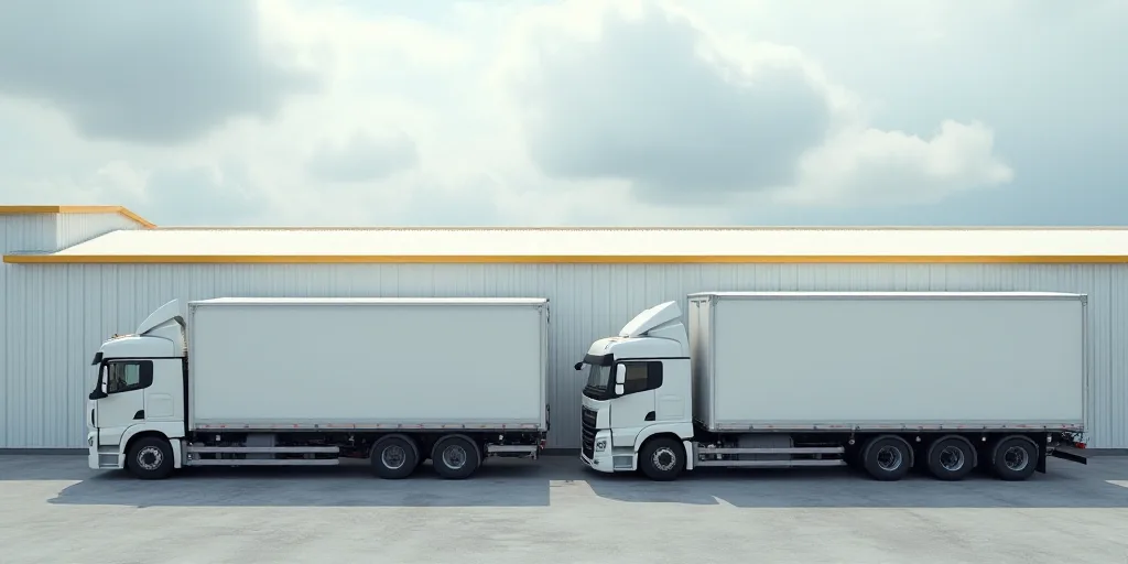 two trucks parked in front of a building under a cloudy sky with a white roof and yellow trim on the