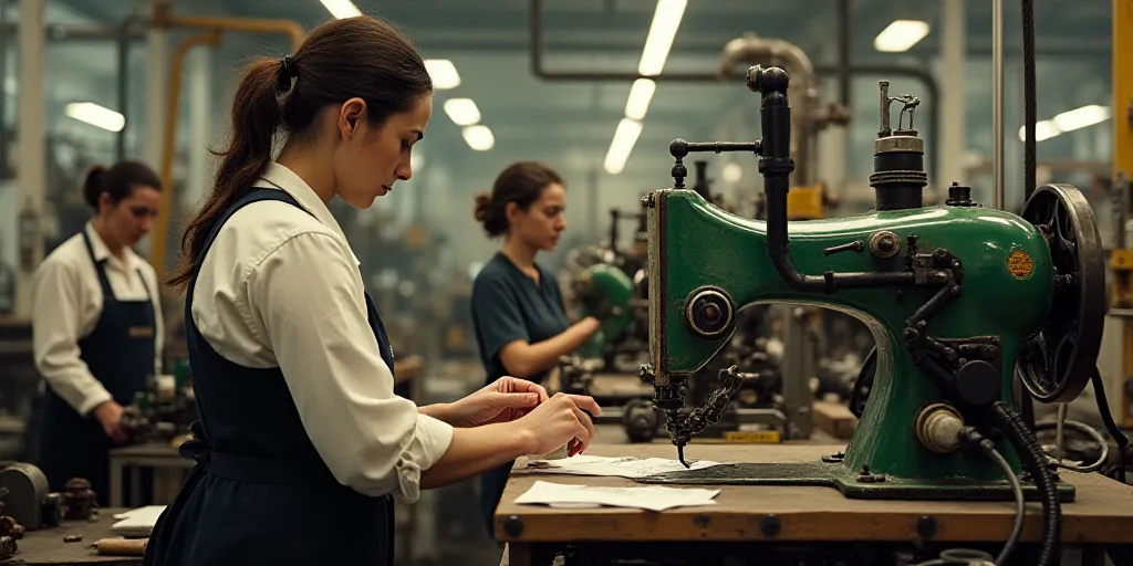 two women working on a machine in a factory with other workers nearby looking on and working on the