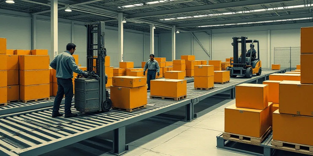 workers in a factory moving boxes and pallets on a conveyor belt and a fork lift in the background,