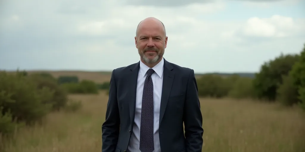 a bald man in a suit and tie standing in a field of grass and bushes with a sky background, David Do