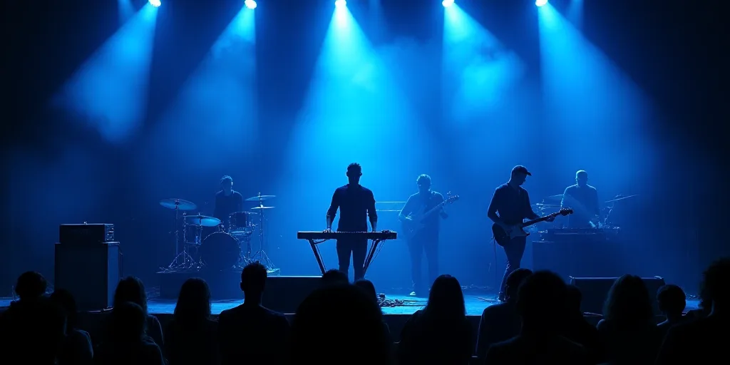 a band playing on stage with blue lights and smoke behind them and a man on a keyboard in the foregr