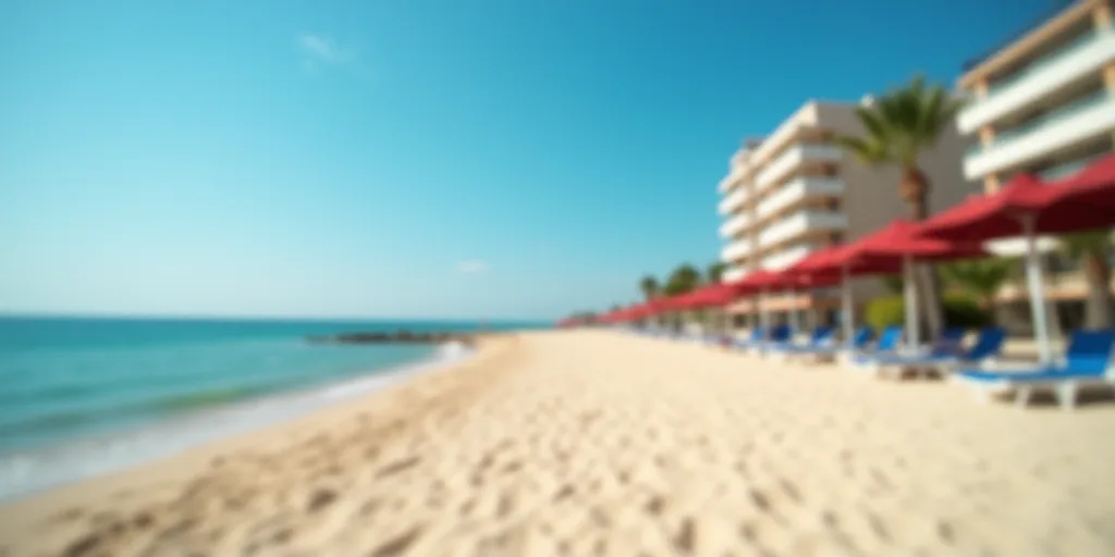 a beach with a bunch of umbrellas and chairs on it and a building in the background with a blue sky,